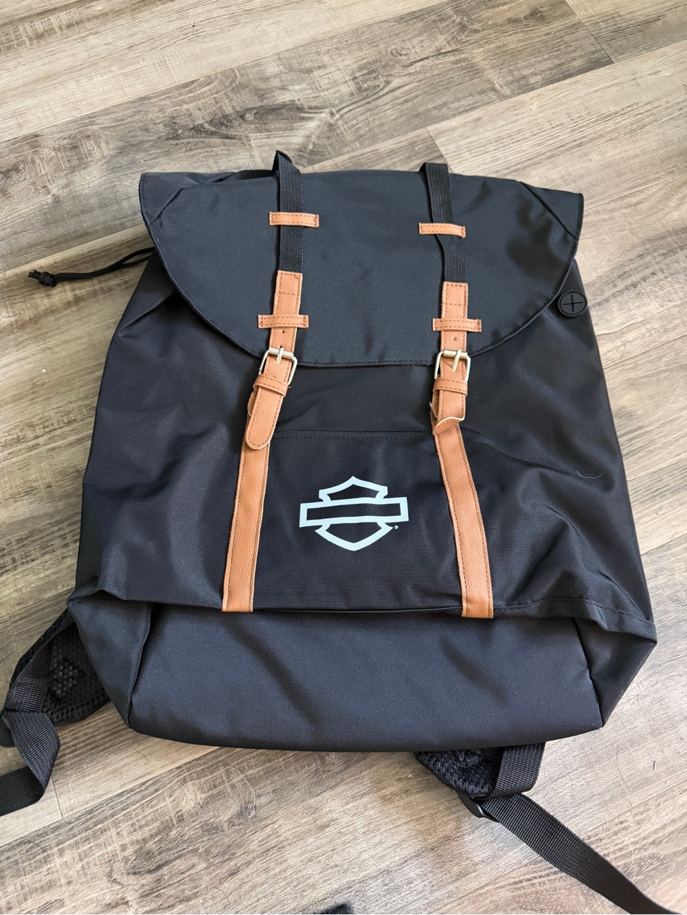 Harley-Davidson Black Backpack with Tan Faux-Leather Straps